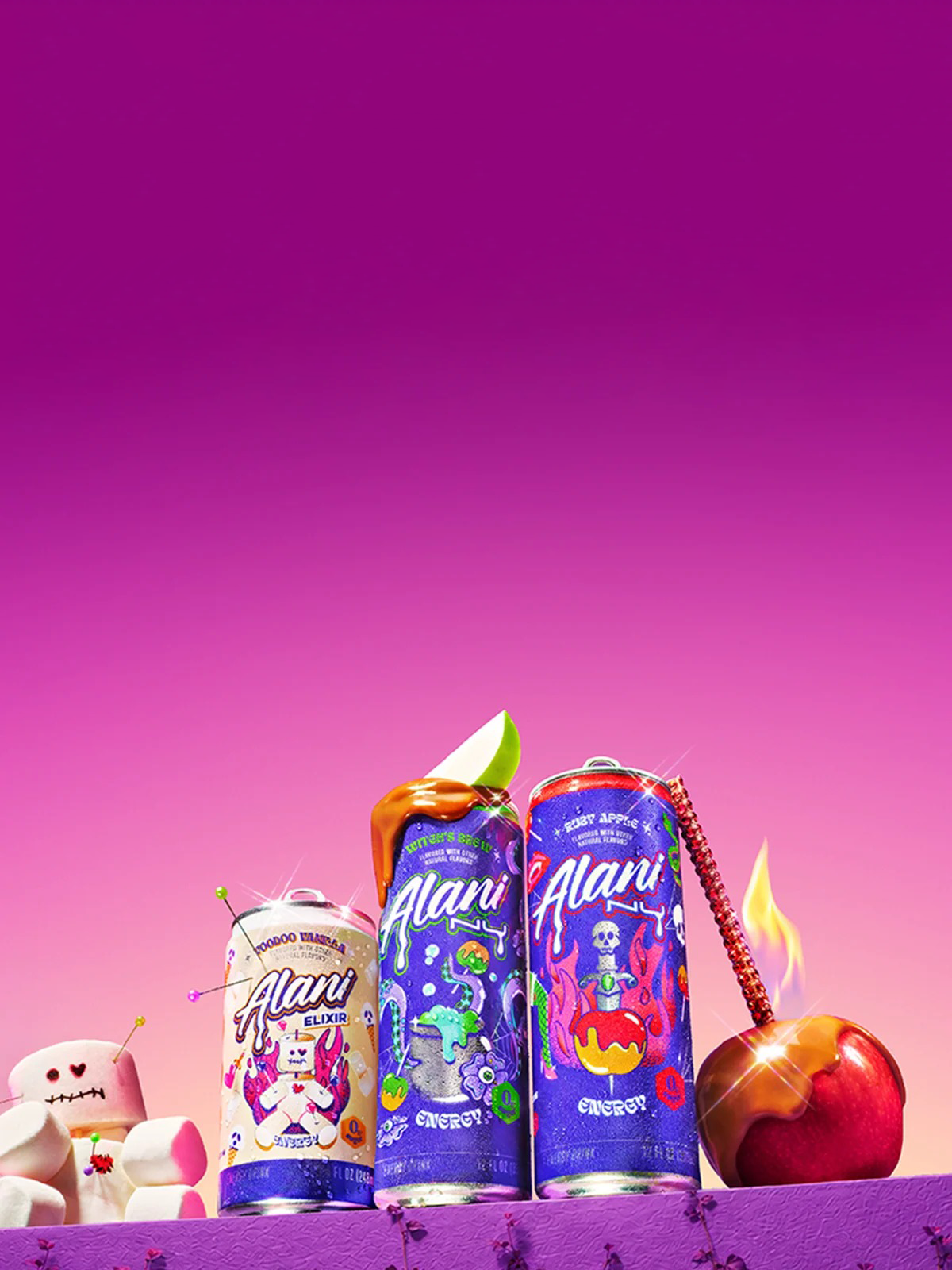 Three colorful energy drink cans are displayed with an orange and peach, against a vibrant pink and orange gradient background.